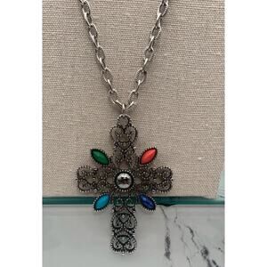 Vintage Avon Romanesque Cross Necklace 24” 1972 Silver Tone Signed